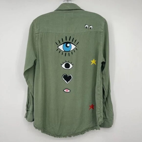 Lauren Moshi Green Button Up Top Womens XSmall Eye Heart Army Fringe Stud - Picture 6 of 10